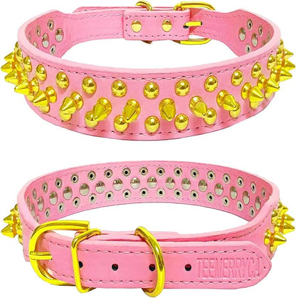 TEEMERRYCA Pink Leather Gold Spiked Studded Dog Collar - Image 2