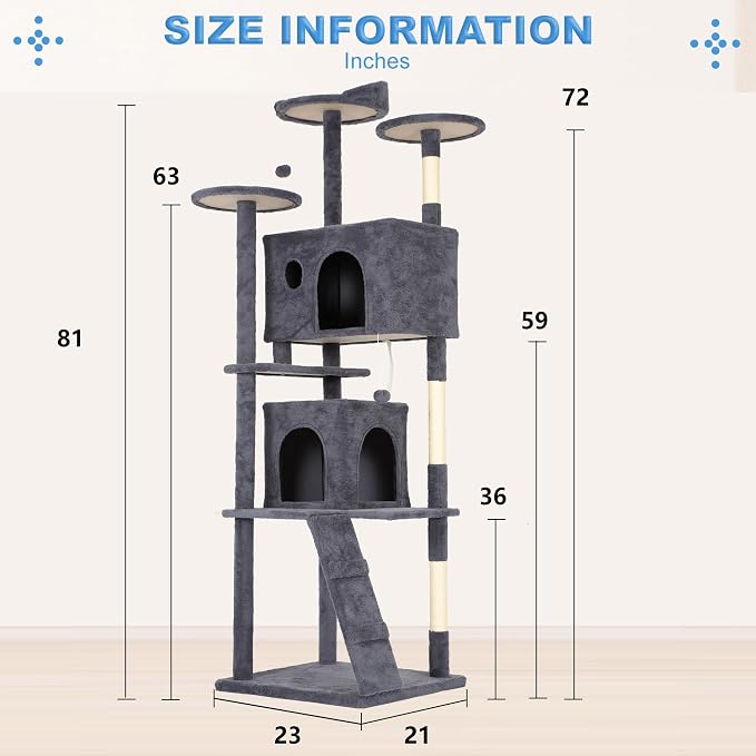 FDW | 81" Cat Tree Tower | Dark Gray | Multi-Level Indoor Activity Center - Image 7