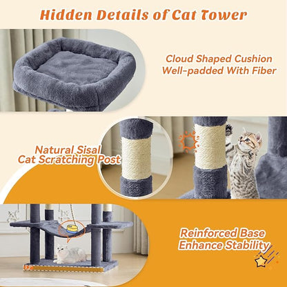 Large Cat Tree 66 Inch, Sisal Scratching Posts and Hammock, Pet Play House - Image 3