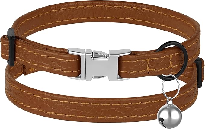 Leather Cat Collar with Buckle and Removable Bell - Image 2