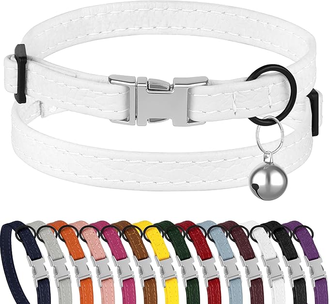 Leather Cat Collar with Buckle and Removable Bell by BUDKAS