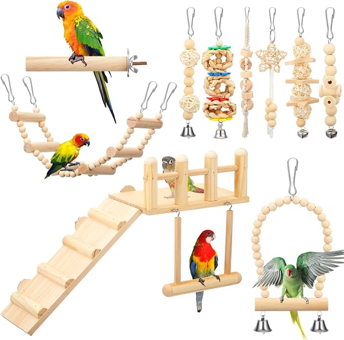 10 Pcs Bird Toys for Parakeets Cage Accessories Parrot Swing Toys and Wooden by Sonwyoung