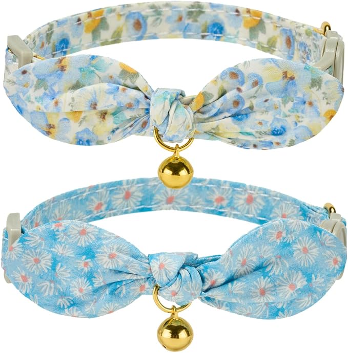 2 Pack Cotton Cat Collar, Removable Bowtie, Floral Pattern, Safety Breakaway by Petiry