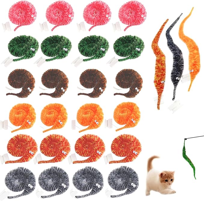 24 PCS Cat Worm Toy Zebra Print Feather Worm Teaser Refills Attachment Cute Cat by KuuGuu