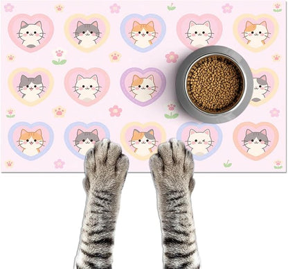 Cat Feedings Mats 20x12 inch Pink Heart Kitten Print Pet Bowl Placemat Non Slip by HOMETITUTE