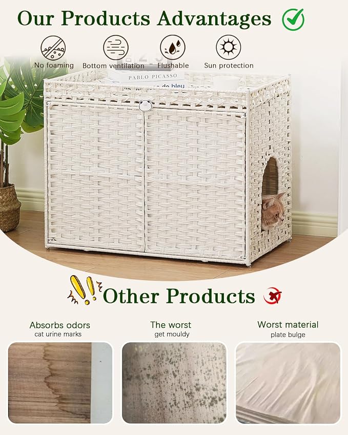 Cat Litter Box Enclosure Furniture, Handwoven Rattan Hidden Litter Box - Image 3
