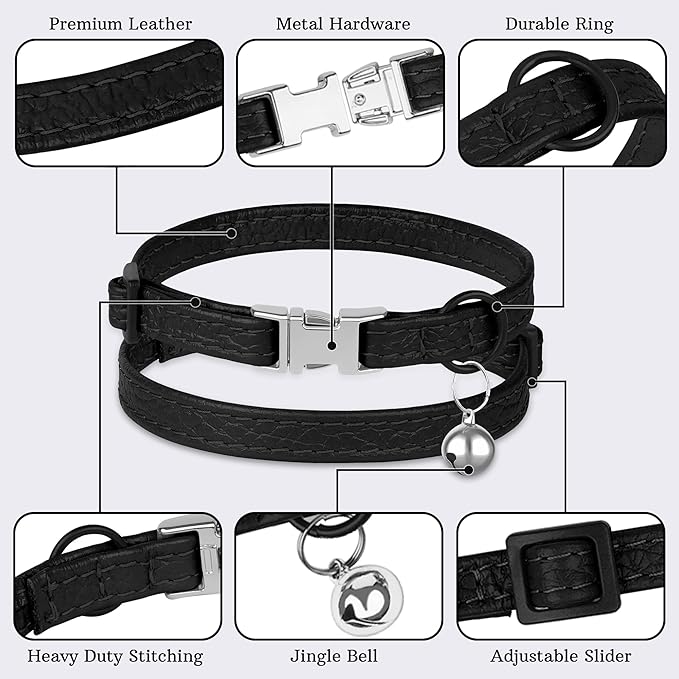 Leather Cat Collar with Buckle and Removable Bell - Image 5