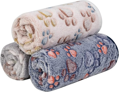 Dono 1 Pack 3 Dog Blankets for Small Dogs, Soft Fluffy Paw Print Pattern Fleece - Image 2