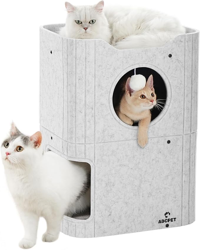 Cat House for Indoor Cats, 2-Storey Cat Bed Cave, Felt Cat Hideaway Condo by ABCPET