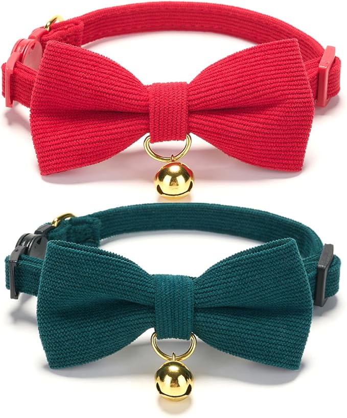 2 Pack Soft Corduroy Christmas Cat Collars by Ewinoom