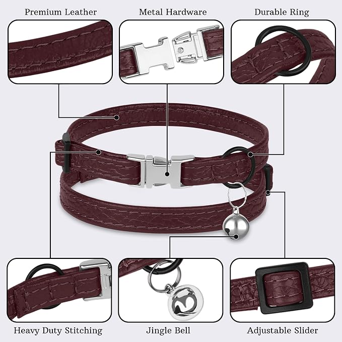 Leather Cat Collar with Buckle and Removable Bell - Image 5