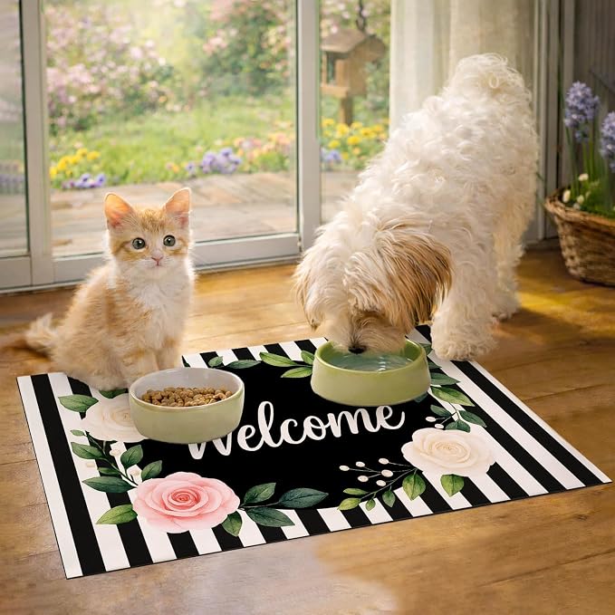 Pet Feeding Mat 24" x 16" Floral Stripe Welcome Design Non Slip Dog Food Mat - Image 2