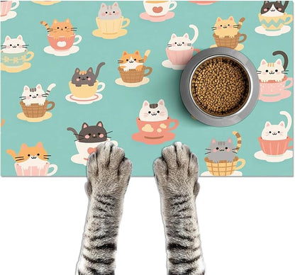 Cat Feedings Mats 20x12 inch Teacup Cat Print Pet Bowl Placemat Non Slip Mat by HOMETITUTE