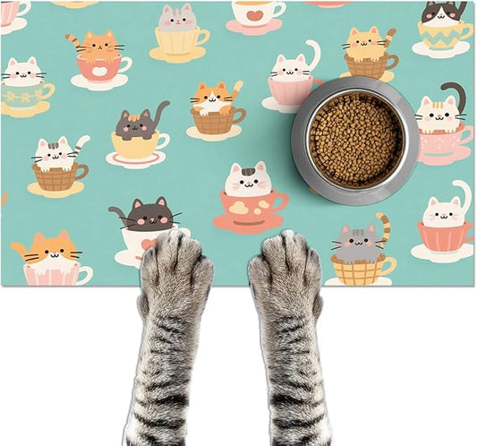Cat Feedings Mats 20x12 inch Teacup Cat Print Pet Bowl Placemat Non Slip Mat by HOMETITUTE