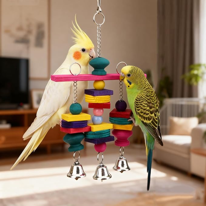 Hypeety Parrot Hanging Swing Bells Chew Toy Colorful Hanging Wood Block Natural - Image 6