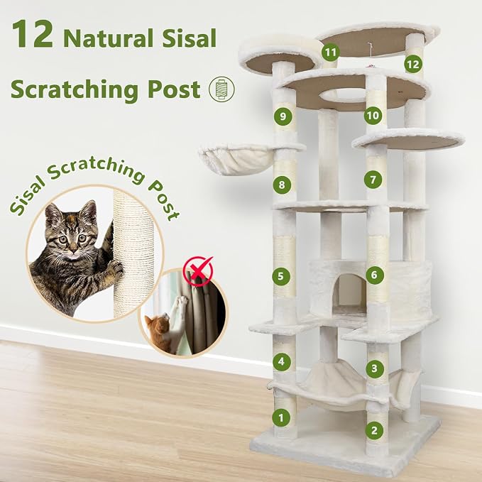 78.8" Large Cat Tree Tower for Indoor Kitties, Sisal Scratching Posts, Hammock - Image 3