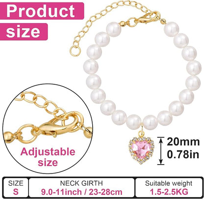 2pcs Cat Dog Pearl Collar, Small Heart Shape Rhinestone Pet Necklace, - Image 2