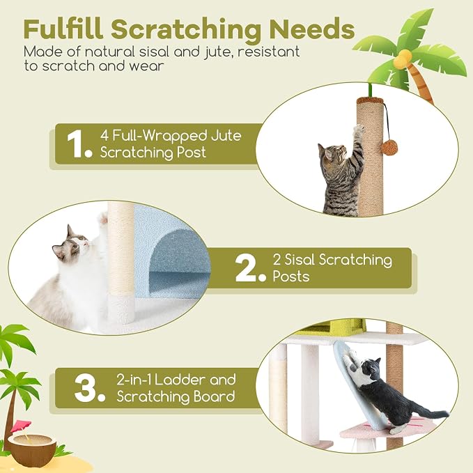 Tangkula 71 Inch Tall Cat Tree, 2 Cat Condos, Artificial Plant, Hanging Toys - Image 7