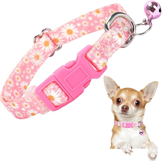 Pink Small Dog Collar with Bell -Nylon Collar by ONEFOJOJO