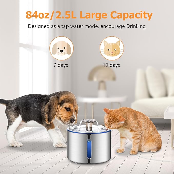 Cat Fountain, 84oz/2.5L Stainless Steel Pet Water Fountain, Automatic Dog Water - Image 3