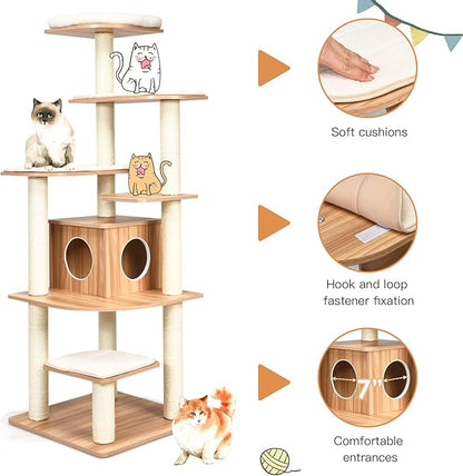 PETSITE 69 Inches Tall Cat Tree, Modern Wooden Cat Tower - Image 4