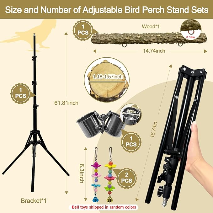 16-63 Inch Height Adjustable Bird Perch Pepper Wood Parrot Training Perch Stand - Image 4
