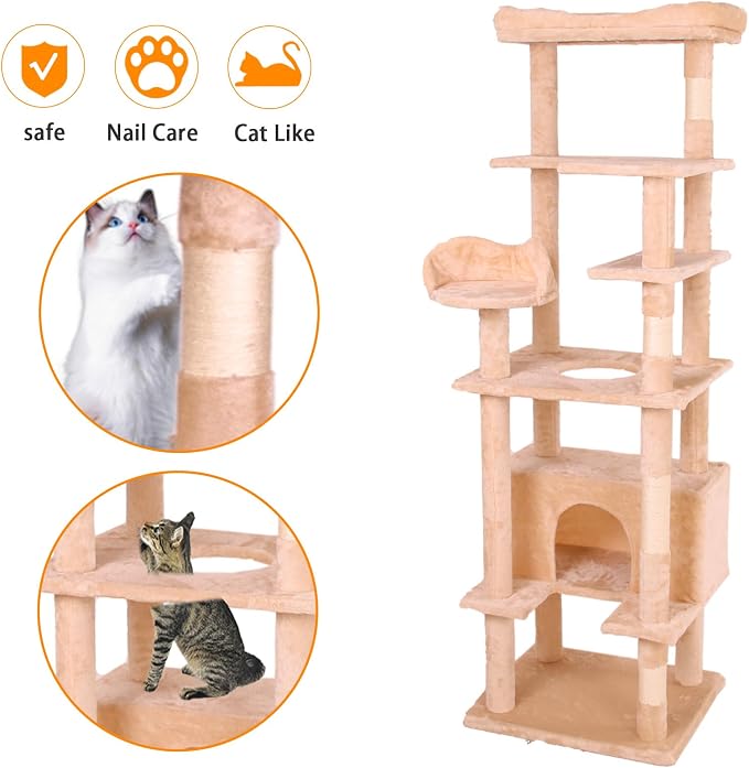 71'' Velvet Cat Climbing Frame, Large Top Padded Perch and Playhouse, - Image 4