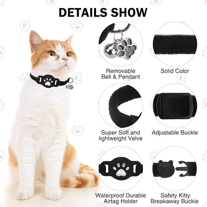AirTag Cat Collar with Bells, Soft Velvet Cat Collar Breakaway with Airtag - Image 4