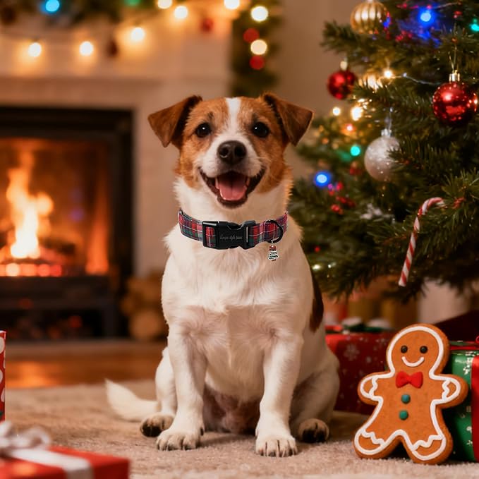 Christmas Dog Collar, Unique Style Paws Red Green Grids Dog Collar - Image 5