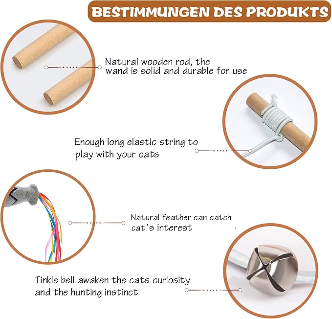 Natural Wood Cat Wand Toy with Ribbon Fish Teaser - Image 7