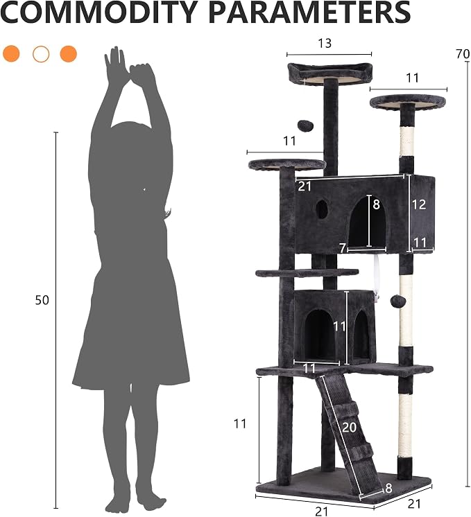 70 Inch Dark Gray Cat Tree, Tall Cat Tower - Image 6