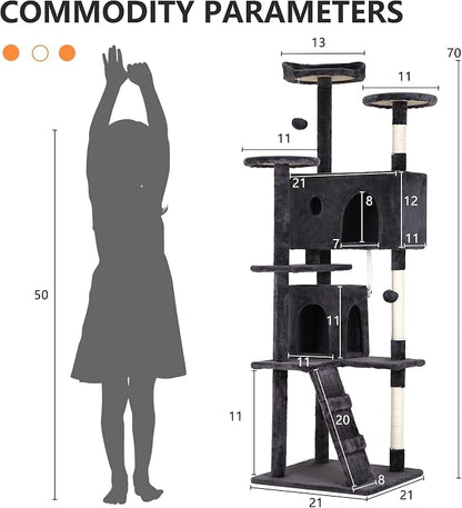 70 Inch Dark Gray Cat Tree, Tall Cat Tower - Image 6