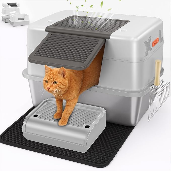 XL Premium Stainless Steel Enclosed Cat Litter Box by CEDBORR