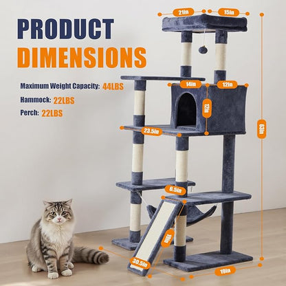Large Cat Tree 63 Inch, Sisal Scratching Posts Board and Hammock, Pet Play House - Image 2