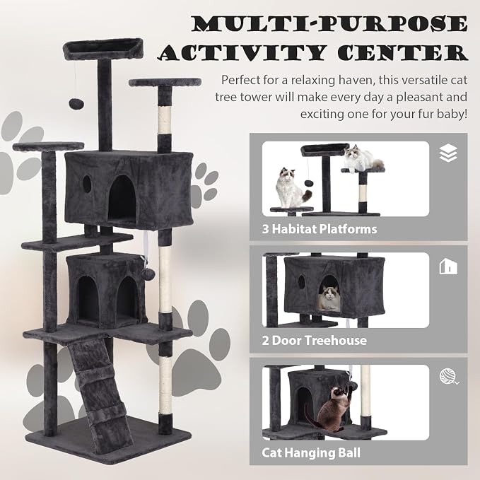 Heavy Duty Cat Tree Tower, Cat Condo, Hanging Ball, Light Grey - Image 4