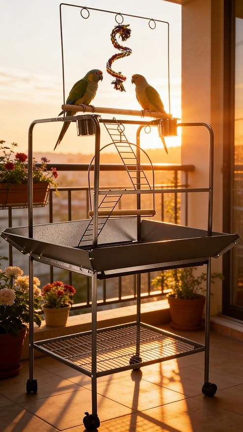 62 Inch Bird Cage with Wooden Perches, Standing Wrought Iron Birdcage with - Image 5
