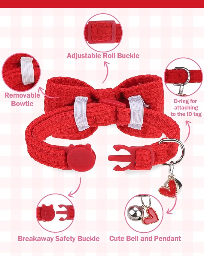 Cat Collar Breakaway with Bells, Soft Cotton Pink Cat Bowtie Collar - Image 2