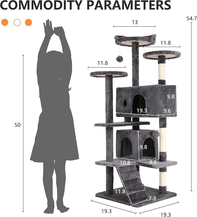 BestPet | 54" Cat Tree Tower | Light Gray | Sturdy, Hanging Cat Toys, - Image 7