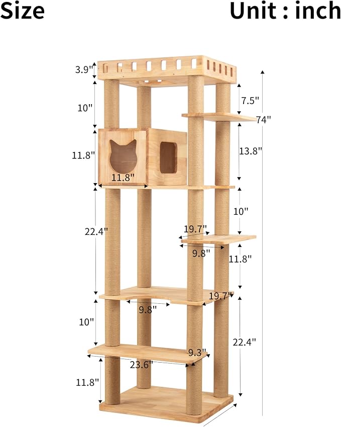 74" Wooden Cat Tree Tower for Large Cats, Cat Condo & Hammock, Natural Wood Cat - Image 13