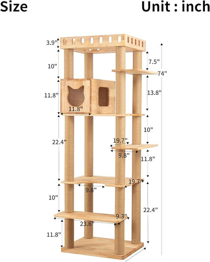 74" Wooden Cat Tree Tower for Large Cats, Cat Condo & Hammock, Natural Wood Cat - Image 13