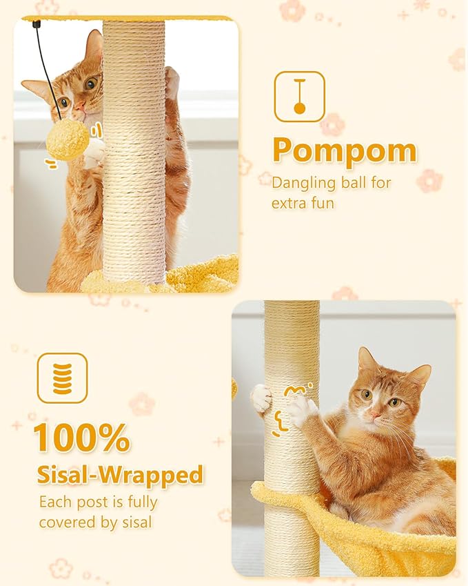 28" Flower Cat Tree Cute with Flower Top Perch, Large Hammock - Image 6