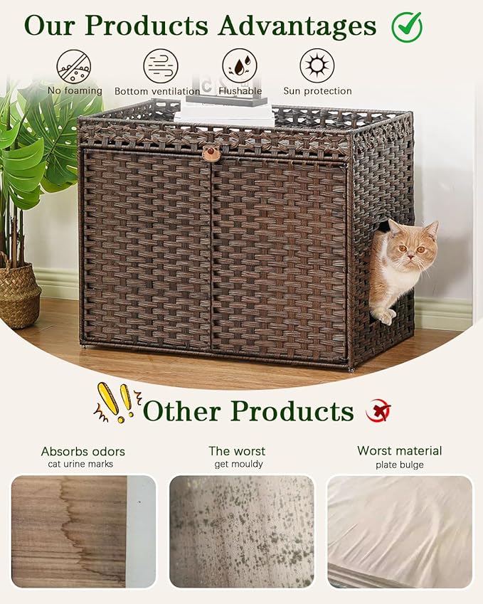 Cat Litter Box Enclosure Furniture, Handwoven Rattan Hidden Litter Box - Image 3
