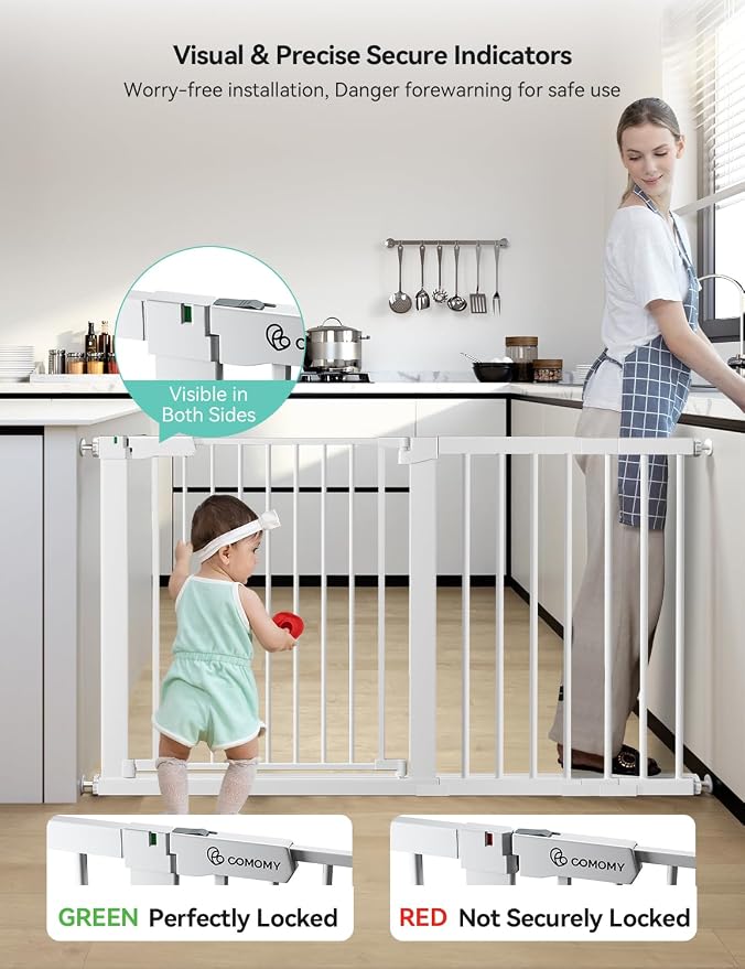 COMOMY 30" Tall Baby Gate for Stairs Doorways, Fits Openings 29.5" to 51.6" Wide - Image 3
