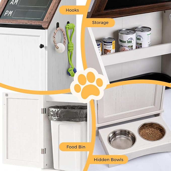 Dog Food Feeding Station with Storage, Pet Food Storage Cabinet with Bowls and - Image 4