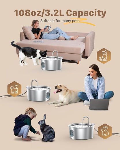 Cat Fountains for Drinking Stainless Steel: 108oz/3.2L Cat Water Fountain Led - Image 2