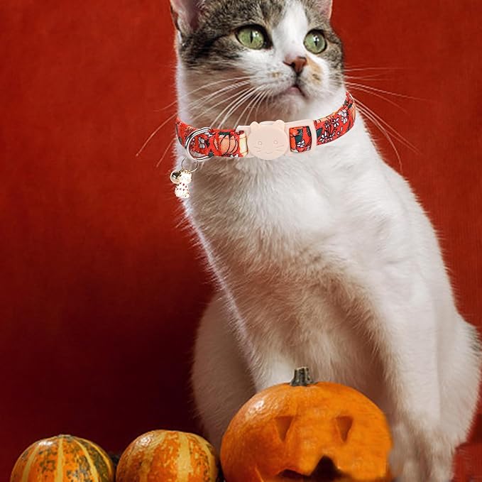 Elegant little tail Halloween Cat Collar-2 Pack Pumpkin Print Fall Cotton - Image 5