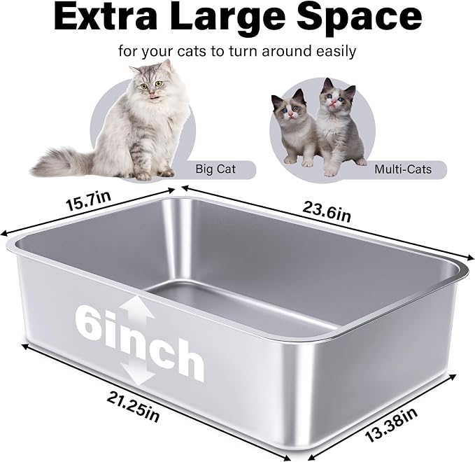 Stainless Steel Litter Box, 23.6“x15.7"x6" Deep Stainless Steel Cat Litter Box - Image 3