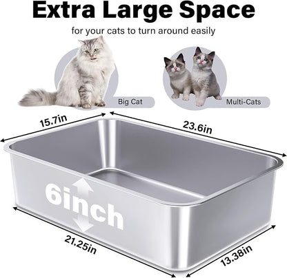 Stainless Steel Litter Box, 23.6“x15.7"x6" Deep Stainless Steel Cat Litter Box - Image 3
