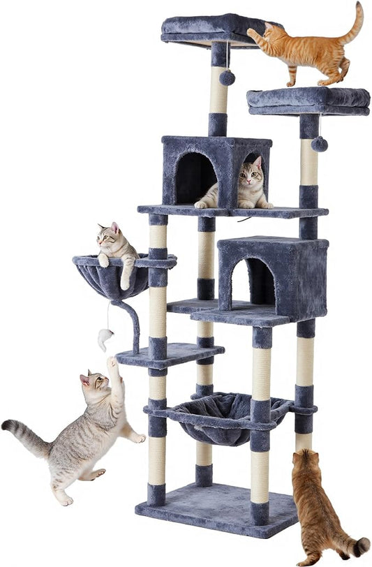 Large Cat Tree 71 Inch, Sisal Scratching Posts and Hammock, Pet Play House by Aidoly