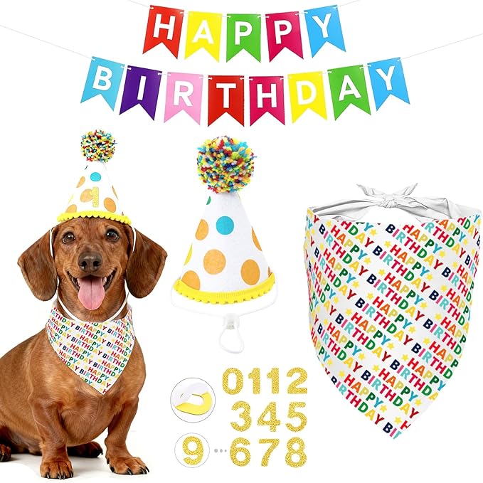 Dog First Birthday Party Decorations, Adjustable Dog Bandana Set by YROVWENQ
